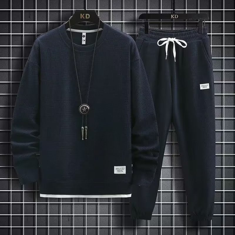 Waffle Long-Sleeved Suit Men'S Shirt Casual Set Clothes Spring Autumn Winter Fashionable Solid Color Loose Fake Two-Piece T-Shirt - Image 4