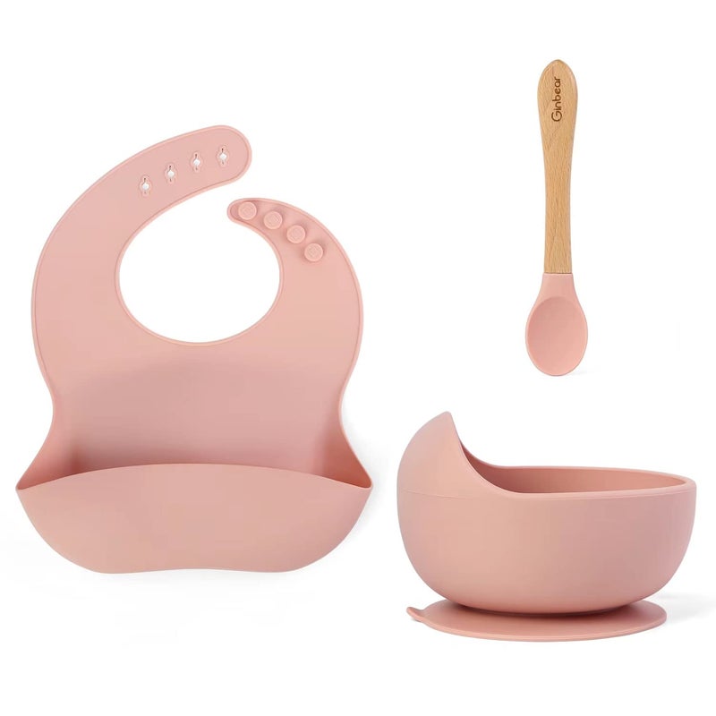 Ginbear Baby Bowls with Suction Silicone Bibs Self Feeding Spoons Led Weaning Supplies Toddler Eating Set for Ages 6 Months Baby Pink