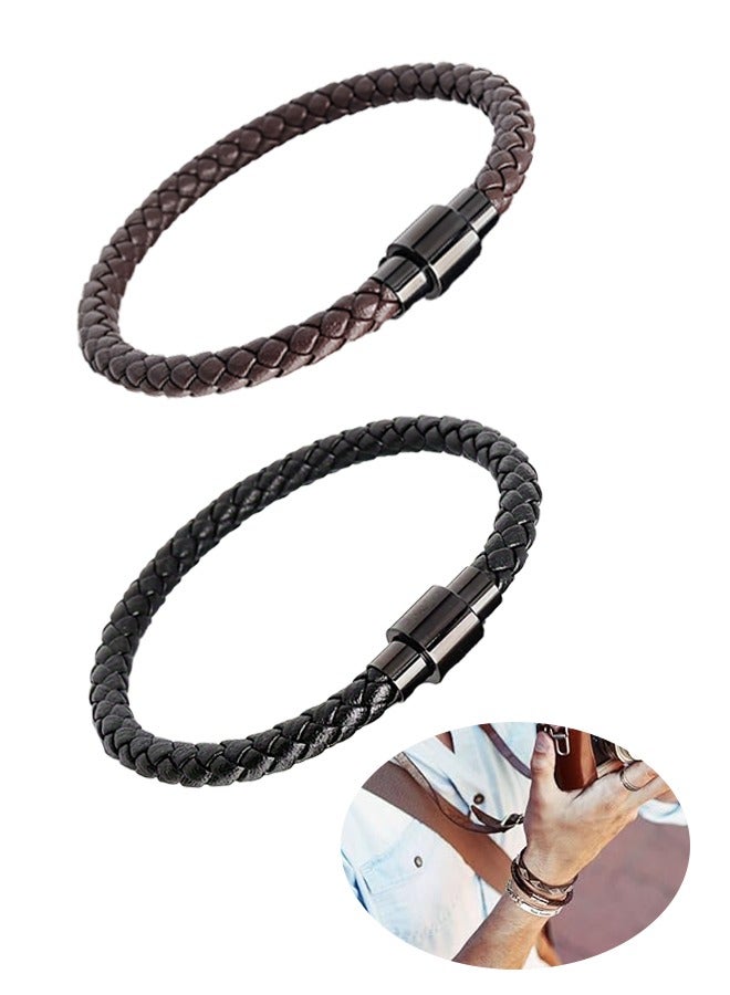 Men's Double Row Braided Leather Bracelet Stainless Steel Buckle Bracelet 2PCS - Image 1