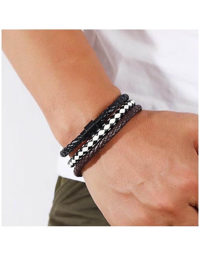 Men's Double Row Braided Leather Bracelet Stainless Steel Buckle Bracelet 2PCS - Image 3