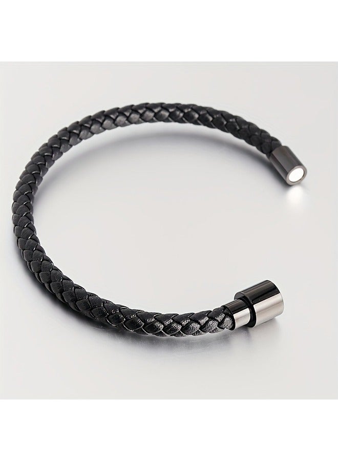 Men's Double Row Braided Leather Bracelet Stainless Steel Buckle Bracelet 2PCS - Image 4