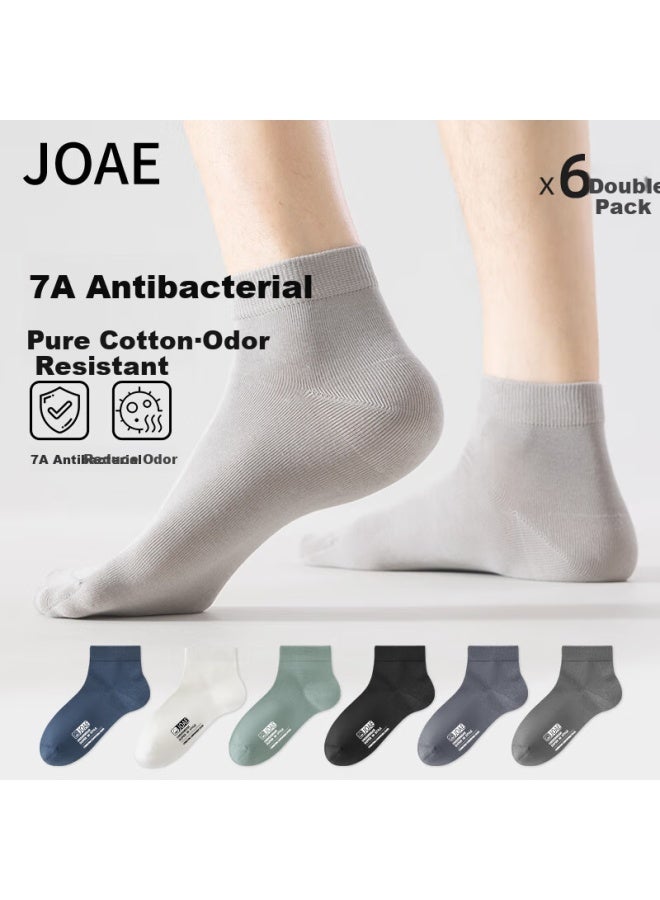 Joae 100% Cotton Anti-odor 7a Antibacterial Men's Socks Breathable Spring Summer Casual Invisible Short Boat Socks 6 Pairs
