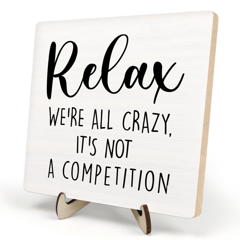 DMADNF Bathroom Decor, Vintage Bathroom Wood Plaque Sign, Relax We're All Crazy Bathroom Home Table Plaque Sign, Farmhouse Decor for Shelf Bathroom Toilet Home Decor 5.9x5.9 Inch (White6) - Image 1