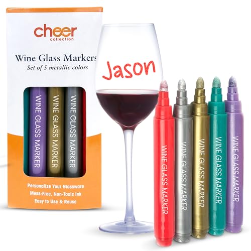 Cheer Collection Metallic Wine Glass Markers, Dry Erase Markers, Washable Wine Glass Marker Pens, Quick Dry Markers for Glasses, Ceramics, & Mirrors, Great for Weddings, Banquets & Parties, Set of 5 - Image 1