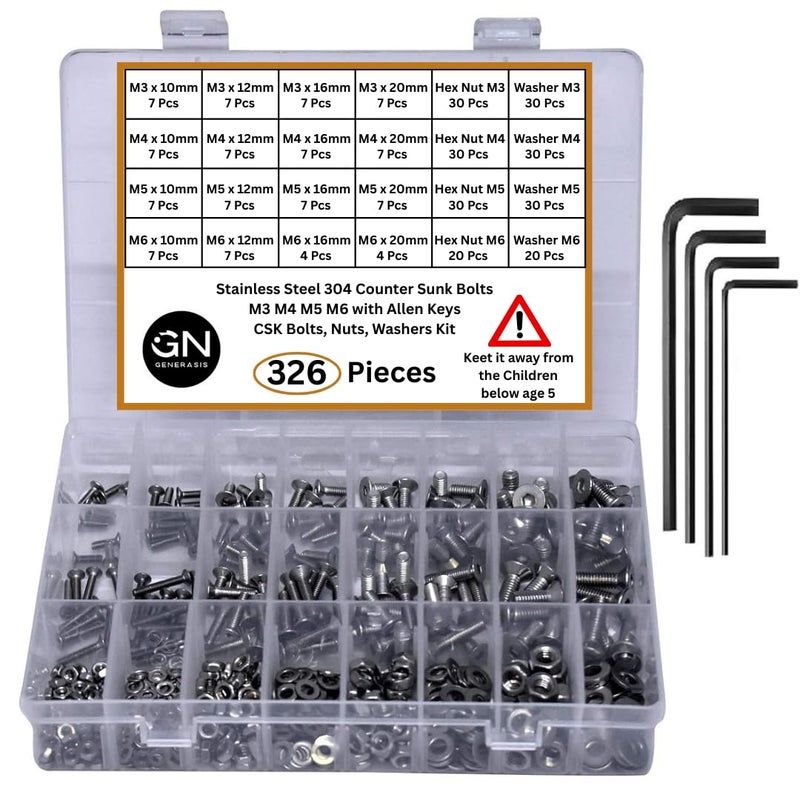 GENERASIS مجموعة براغي ألين ذات الرأس الغاطس CSK – أحجام M3 M4 M5 M6 – براغي ألين ذات رأس مسطح من الفولاذ المقاوم للصدأ 304 مع صواميل سداسية، وغسالات ومفاتيح ألين – مجموعة كاملة من 326 قطعة ذات خيوط كاملة - Image 1