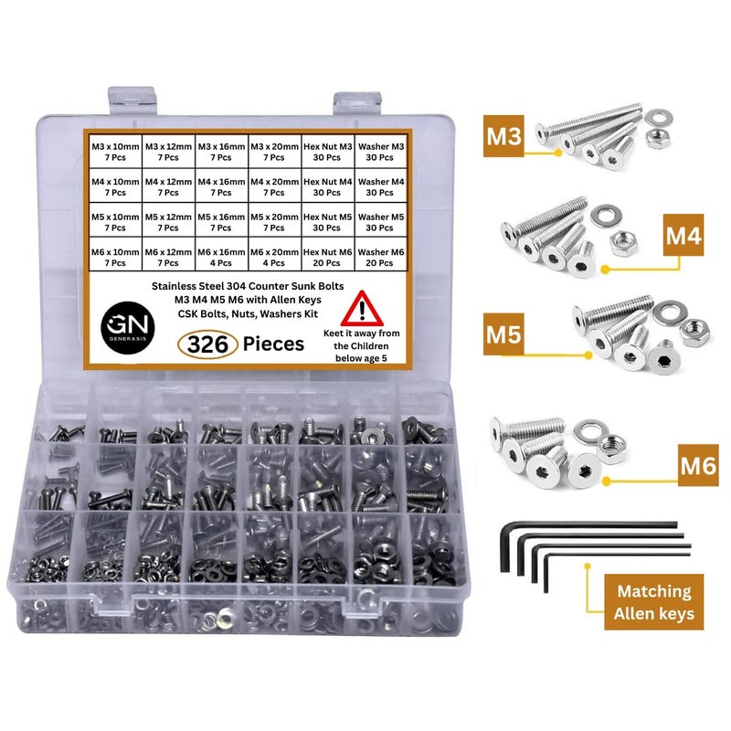 GENERASIS مجموعة براغي ألين ذات الرأس الغاطس CSK – أحجام M3 M4 M5 M6 – براغي ألين ذات رأس مسطح من الفولاذ المقاوم للصدأ 304 مع صواميل سداسية، وغسالات ومفاتيح ألين – مجموعة كاملة من 326 قطعة ذات خيوط كاملة - Image 2