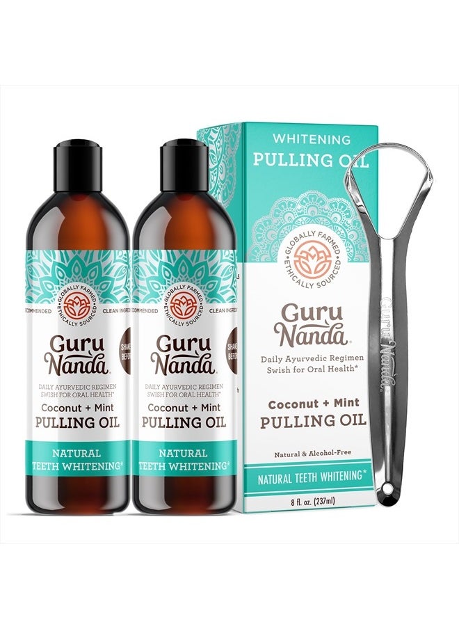 GuruNanda Whitening Pulling Oil with Coconut Oil & Peppermint Essential Oil for Oral Health, Natural Teeth Whitening, Helps with Fresh Breath, Healthy Gums, Alcohol Free Mouthwash (8 Fl.Oz. x 2)  - Image 1
