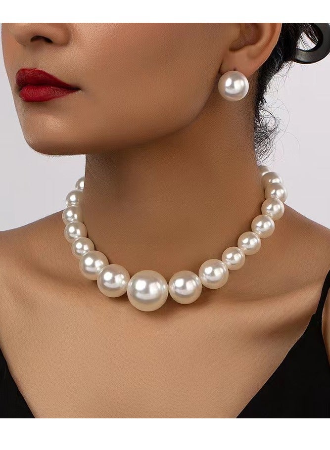 3 Pcs Pearl Necklace Earrings Jewelry Set, Bridal Jewelry, Evening Dress Accessories For Women, Dinner Party Accessories,Women's Collarbone Chain,Bridal Accessories,White  - Image 1