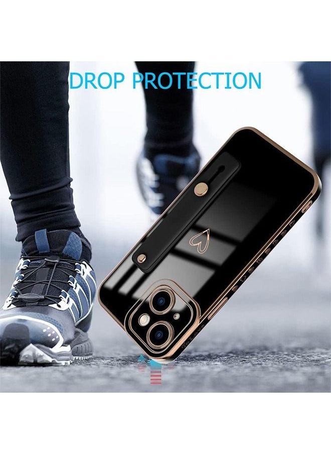 Ant - Compatible for iPhone 13 Case with Strap Luxury Love Heart Plating Gold Bumper Phone Cover Adjustable Hand Strap Stand Holder, Full Body Protective Shockproof Cases for Women - Black - Image 1