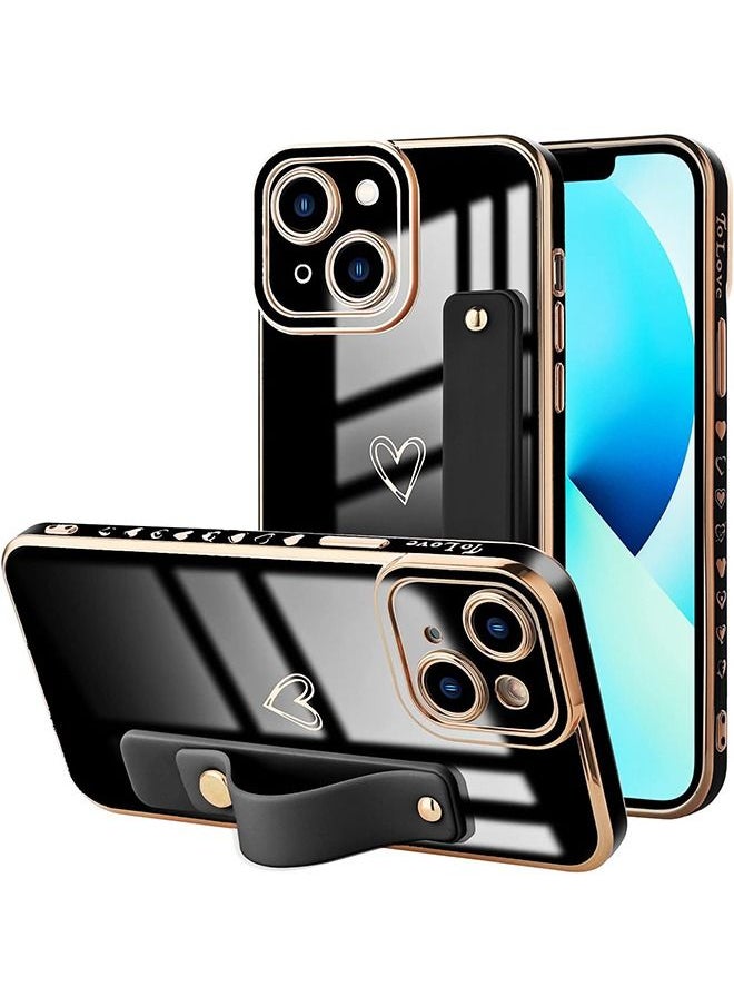 Ant - Compatible for iPhone 13 Case with Strap Luxury Love Heart Plating Gold Bumper Phone Cover Adjustable Hand Strap Stand Holder, Full Body Protective Shockproof Cases for Women - Black - Image 1