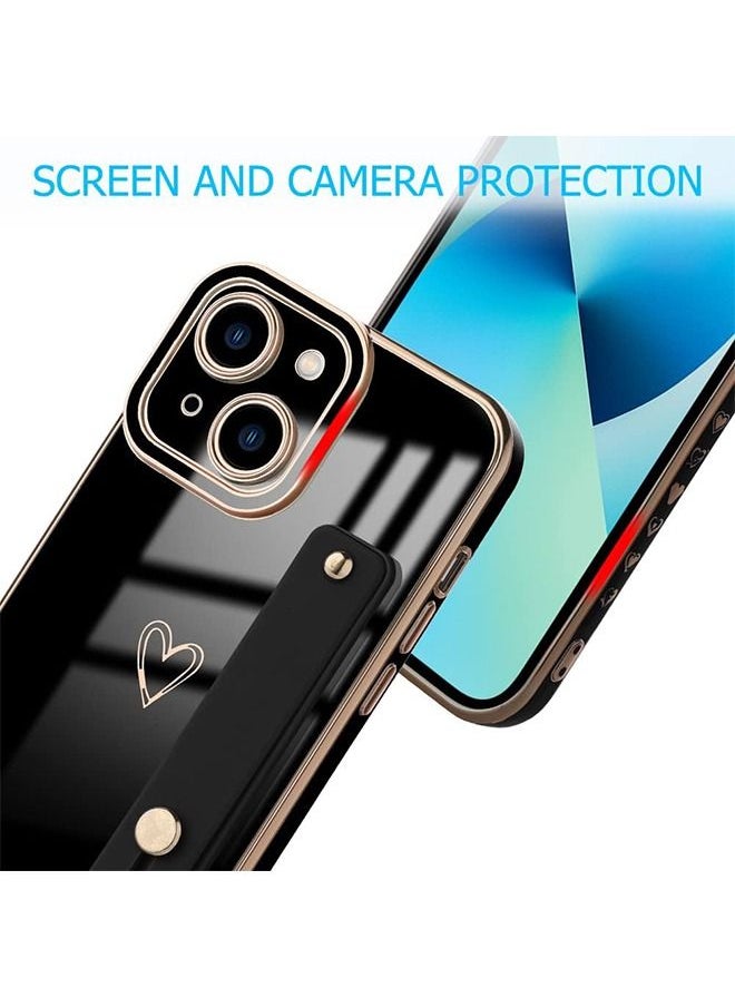 Ant - Compatible for iPhone 13 Case with Strap Luxury Love Heart Plating Gold Bumper Phone Cover Adjustable Hand Strap Stand Holder, Full Body Protective Shockproof Cases for Women - Black - Image 1