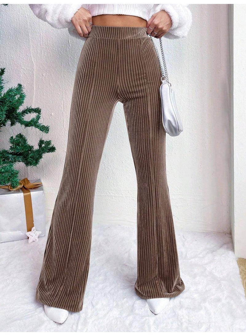general Women's Solid Color High Waist Slim Small Bell Bottoms Corduroy Casual Pants - Image 1