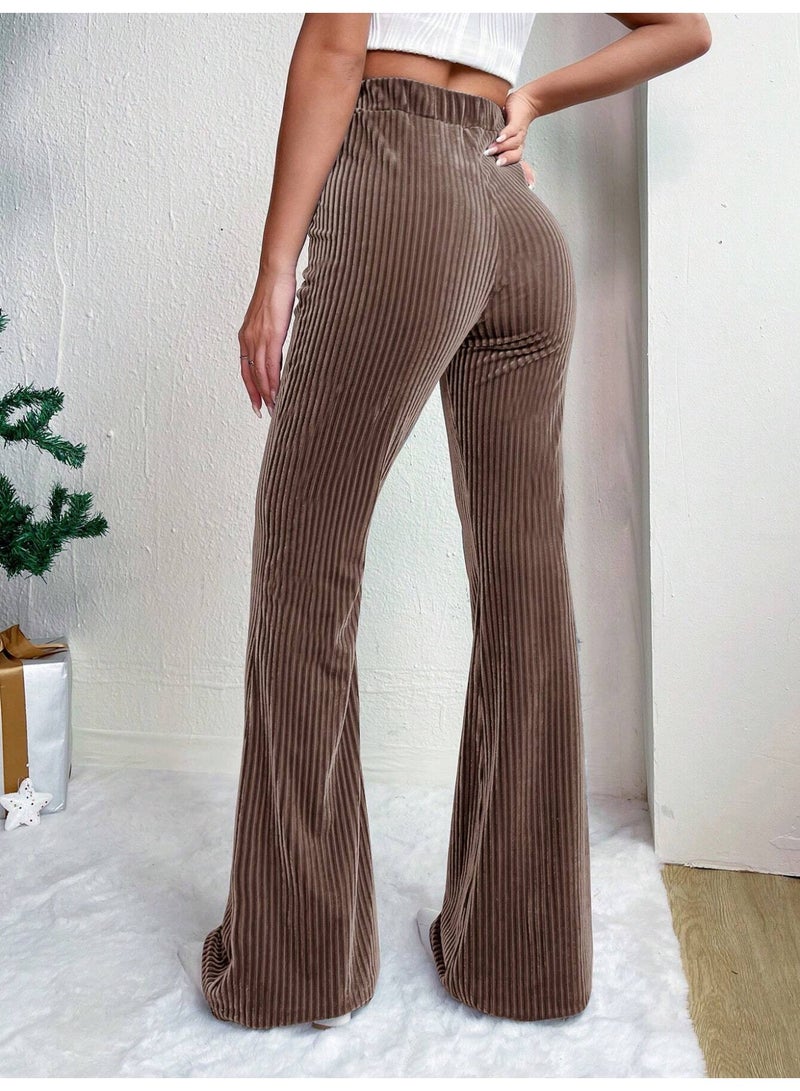 general Women's Solid Color High Waist Slim Small Bell Bottoms Corduroy Casual Pants - Image 2