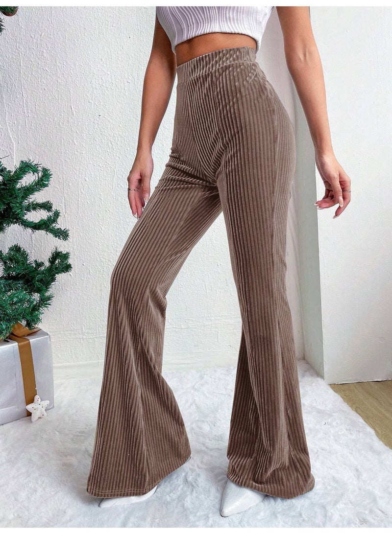general Women's Solid Color High Waist Slim Small Bell Bottoms Corduroy Casual Pants - Image 3