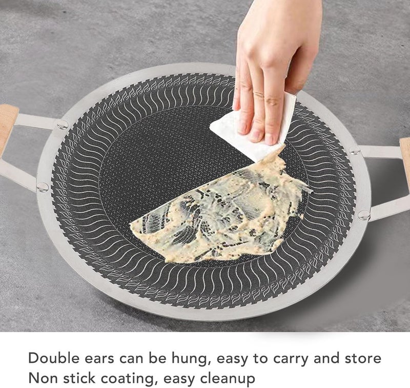 Naroote Korean BBQ Grill Pan, Stainless Steel Non Stick Round Grill Plate, BBQ Plate with Wooden Handle, Ideal for Indoor Outdoor Cooking 4 to 6 People (38cm) - Image 4