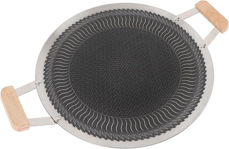 Naroote Korean BBQ Grill Pan, Stainless Steel Non Stick Round Grill Plate, BBQ Plate with Wooden Handle, Ideal for Indoor Outdoor Cooking 4 to 6 People (38cm) - Image 1