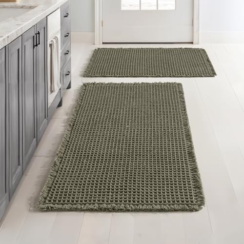 MIULEE Set of 2 Christmas Waffle Bathroom Rugs Super Absorbent Non Slip Bath Rugs Washable Bath Mats with Tassels Ultra Soft Rubber Backed Shower Mat for Bathroom Floor Tub Green 17x2418x30