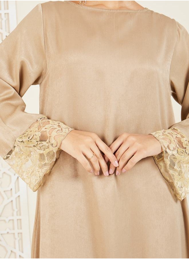 Styli - Lace Trim Solid Jalabiya - Image 1