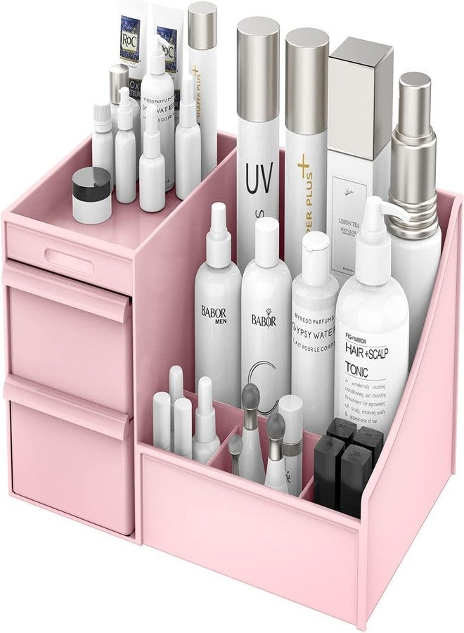 PAXCOO Portable Display Lipstick Holder Cosmetic Makeup Organizer, Plastic Makeup Organizer Box Makeup Storage Box with Drawer Makeup Holder for Bathroom, Bedroom, Dresser, Countertop, Color-pink - Image 1