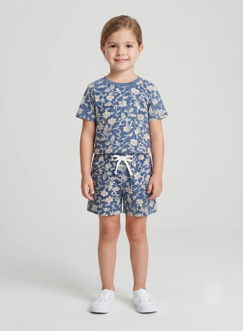 بيبي كلو Girls Blue Floral Print T-Shirt and Shorts Set