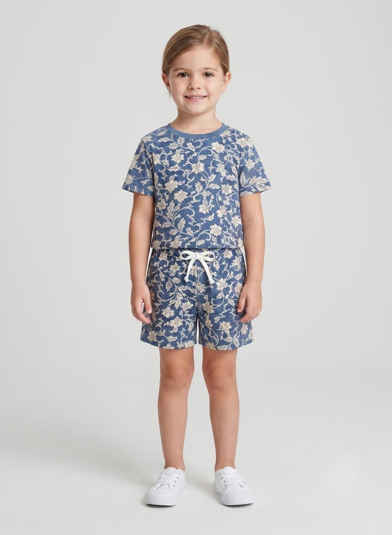 babyqlo Girls Blue Floral Print T-Shirt and Shorts Set - Image 1