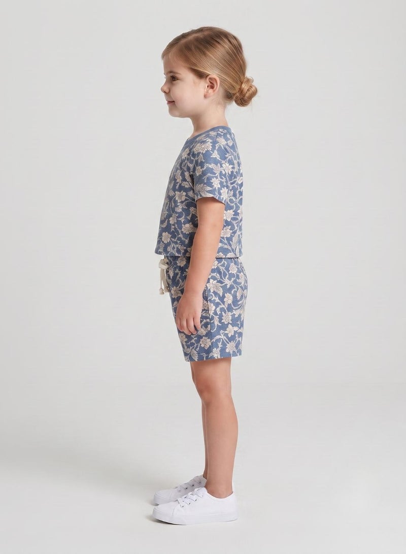 babyqlo Girls Blue Floral Print T-Shirt and Shorts Set - Image 3