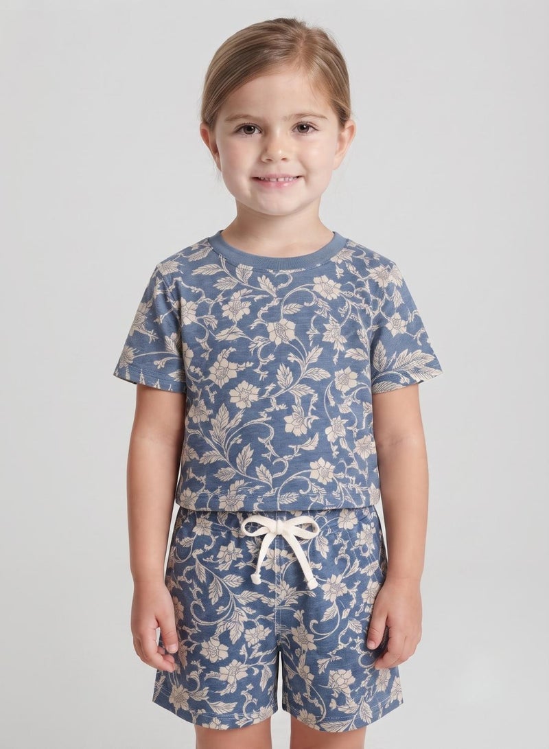babyqlo Girls Blue Floral Print T-Shirt and Shorts Set - Image 5