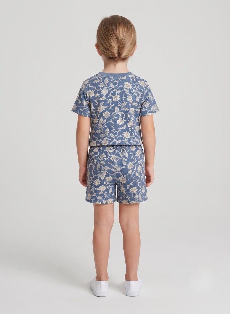 babyqlo Girls Blue Floral Print T-Shirt and Shorts Set - Image 2