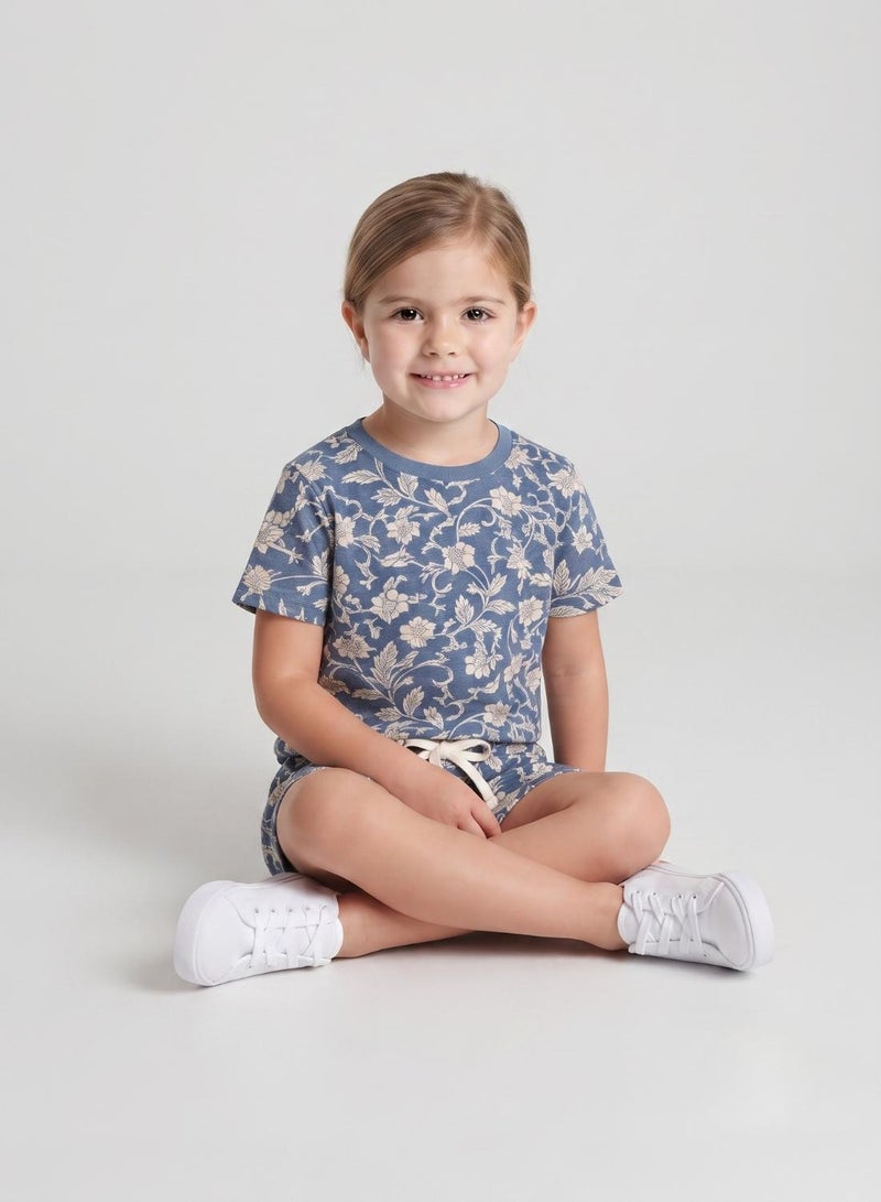babyqlo Girls Blue Floral Print T-Shirt and Shorts Set - Image 4