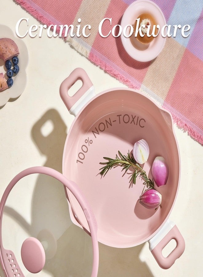 كاروت طقم أواني طهي كاروت من السيراميك غير اللاصق، 3 قطع، سعة 7 كوارت، وعاء شوربة غير لاصق مع غطاء، وعاء طهي سهل التنظيف للغاية غير لاصق مع ملعقة سيليكون بالكامل، خالٍ من حمض البيرفلوروكتانويك، لون وردي - Image 3