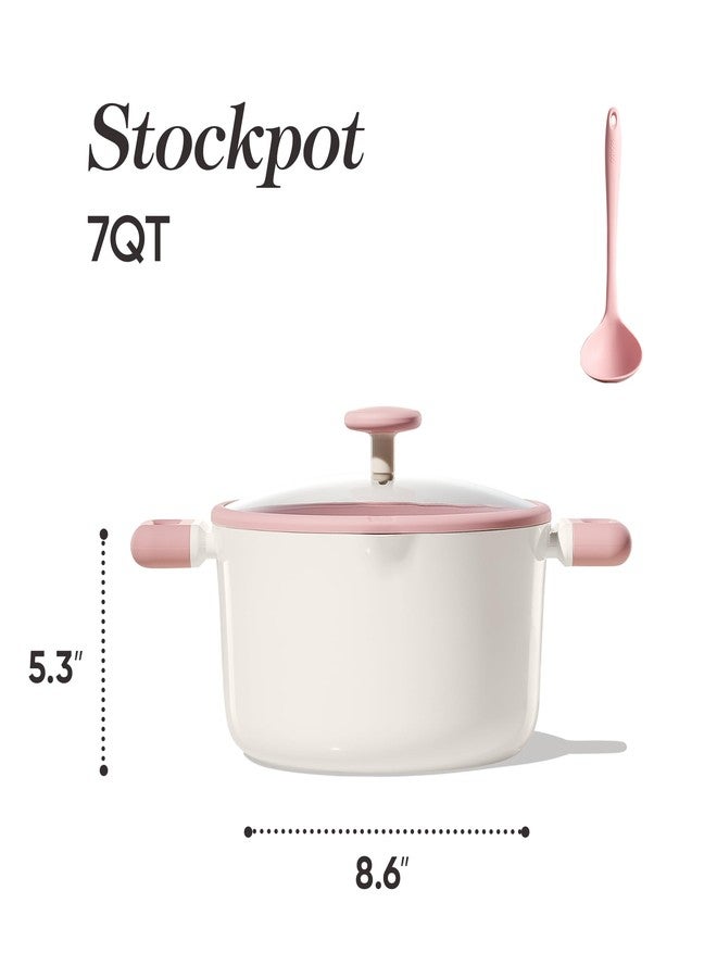 كاروت طقم أواني طهي كاروت من السيراميك غير اللاصق، 3 قطع، سعة 7 كوارت، وعاء شوربة غير لاصق مع غطاء، وعاء طهي سهل التنظيف للغاية غير لاصق مع ملعقة سيليكون بالكامل، خالٍ من حمض البيرفلوروكتانويك، لون وردي - Image 2