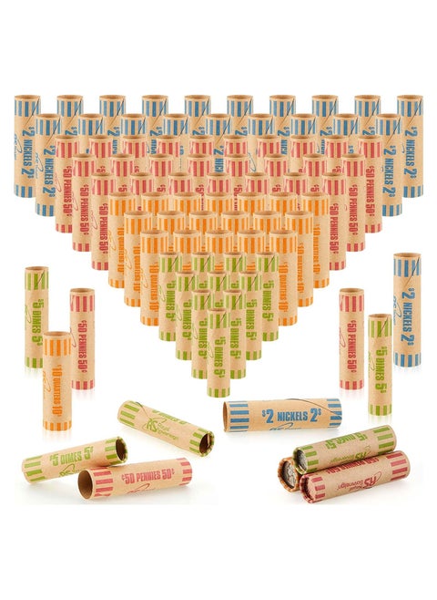 Coin Wrappers Rolls, Rollers Durable Preformed Paper Tubes, Assorted Sizes Quarters, Nickels, Dimes and Penny, Quarters for Bank Office (100 Pcs)