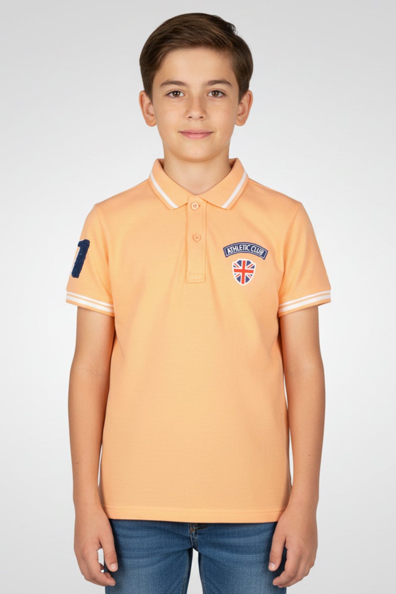 Hamleys Kids Boy Short Sleeve Embroidered Polo Shirt, Light Orange - Image 1