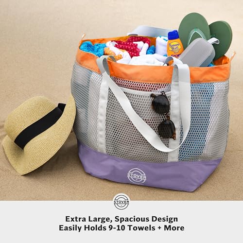 STOVER Extra Large Mesh Nylon Beach Bag Vacation Pool Shopping Toy Travel Tote Foldable wStorage Pouch Pockets for Women Men Families HeavyDuty and WaterResistant Sunset Orange - Image 3