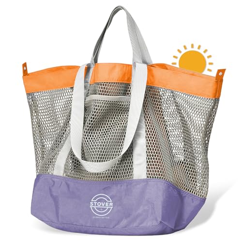 STOVER Extra Large Mesh Nylon Beach Bag Vacation Pool Shopping Toy Travel Tote Foldable wStorage Pouch Pockets for Women Men Families HeavyDuty and WaterResistant Sunset Orange - Image 1