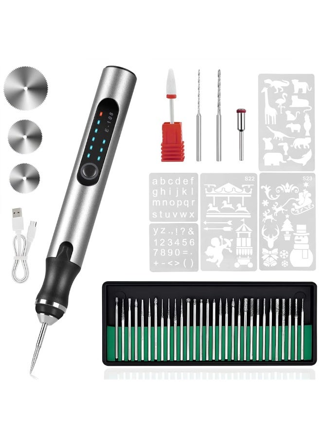Electric Engraving Pen with , USB Rechargeable Cordless Engraving Machine, Portable Mini Engraver Tools, DIY Rotary Etching Pen for Jewelry Wood Glass Stone Carving (Silver) - Image 1
