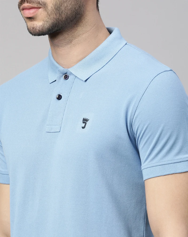 Joven Men Sky Blue Solid Polo Collar Pure Cotton T-Shirt