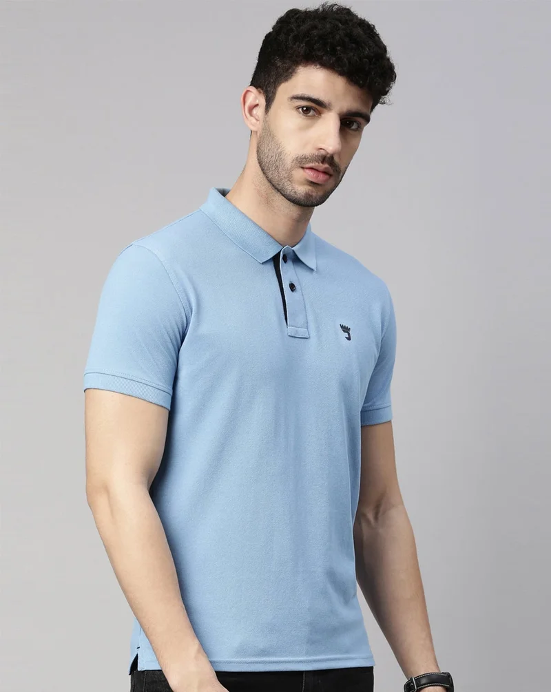 Joven Men Sky Blue Solid Polo Collar Pure Cotton T-Shirt