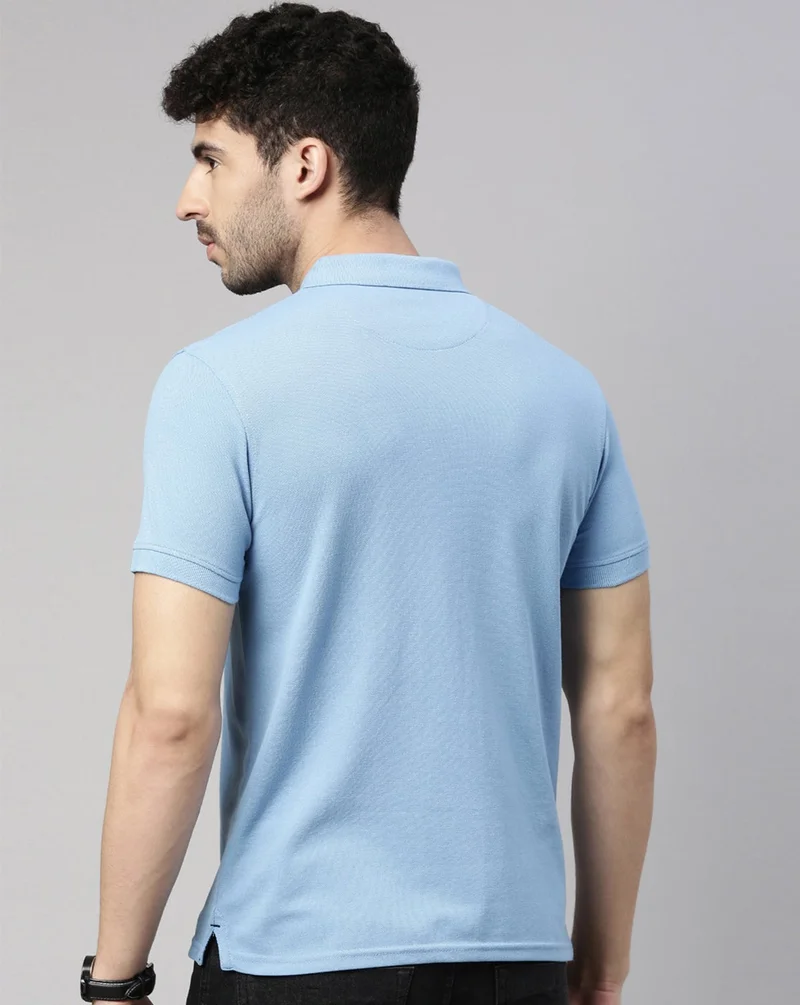 Joven Men Sky Blue Solid Polo Collar Pure Cotton T-Shirt
