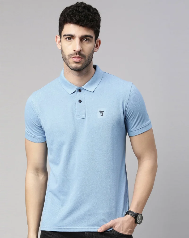 Joven Men Sky Blue Solid Polo Collar Pure Cotton T-Shirt