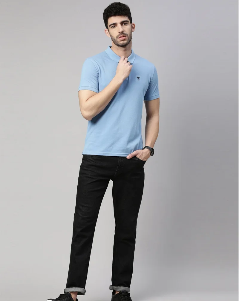 Joven Men Sky Blue Solid Polo Collar Pure Cotton T-Shirt