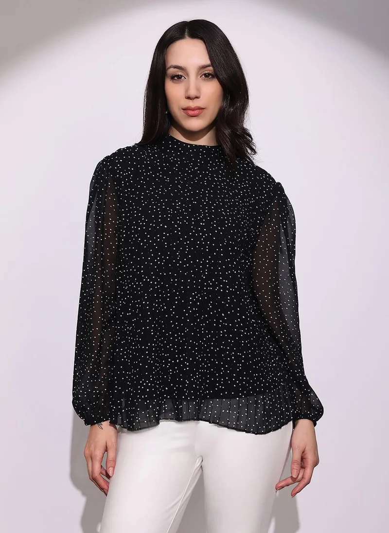 globus Globus Women Black Abstract Print High Neck Bishop Sleeves Back Tie-Up Detail Accordion Pleats Party Top