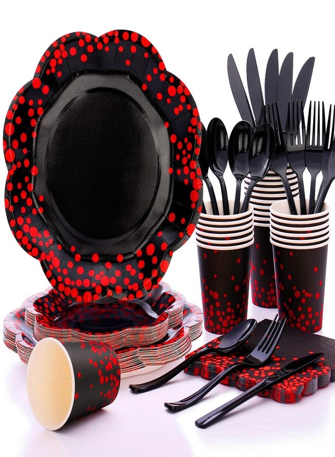Boocikey 175PCS Halloween Paper Plates,Red and Black Party Decorations,Red Dot on Black Paper Plates and Napkins for Birthday Baby Shower Wedding Anniversary Halloween Party Decorations,Serves 25 - Image 1