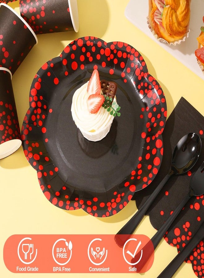 Boocikey 175PCS Halloween Paper Plates,Red and Black Party Decorations,Red Dot on Black Paper Plates and Napkins for Birthday Baby Shower Wedding Anniversary Halloween Party Decorations,Serves 25 - Image 2