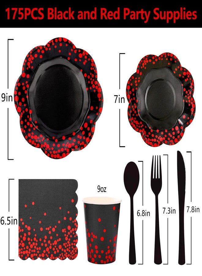 Boocikey 175PCS Halloween Paper Plates,Red and Black Party Decorations,Red Dot on Black Paper Plates and Napkins for Birthday Baby Shower Wedding Anniversary Halloween Party Decorations,Serves 25 - Image 3