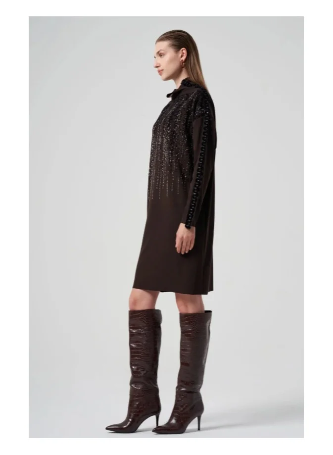 High-Neck Dress with Sequin/Beaded Embellishment - Brown