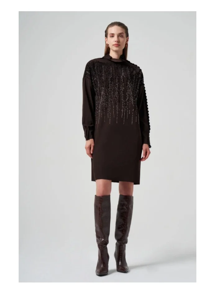 MissWhence  High-Neck Dress with Sequin/Beaded Embellishment - Brown for Women | Best Price UAE
