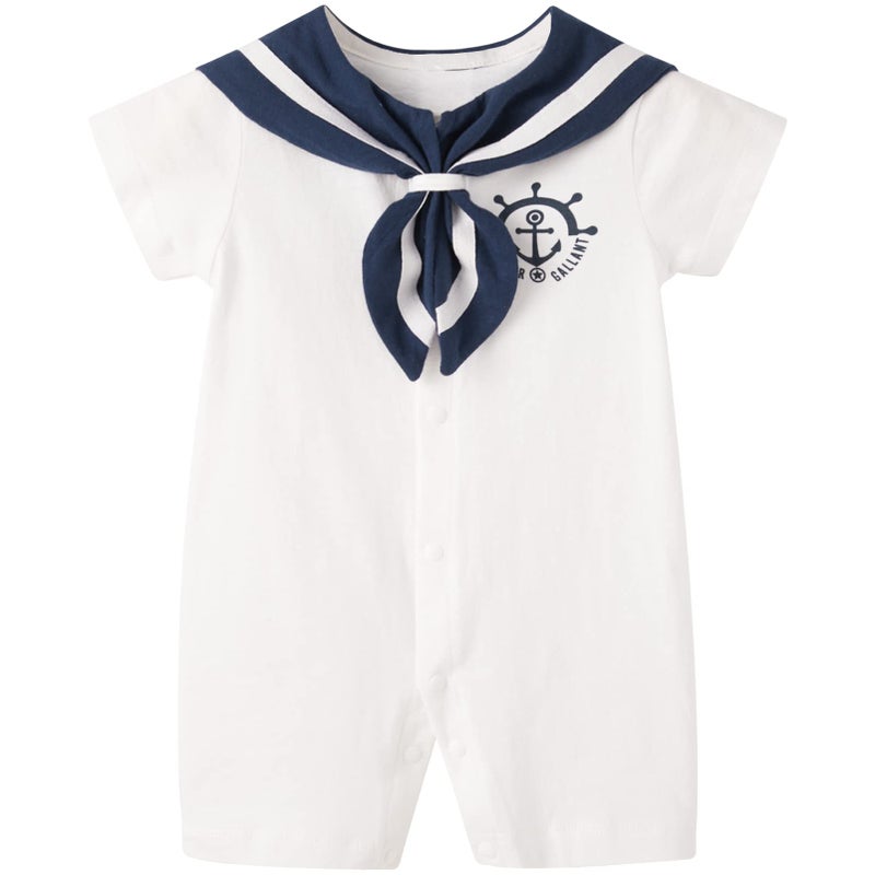 pureborn Baby Boys Romper Short Sleeve Nautical Romper One-Piece Beach Outfit 0-3 Months White Helm - Image 1