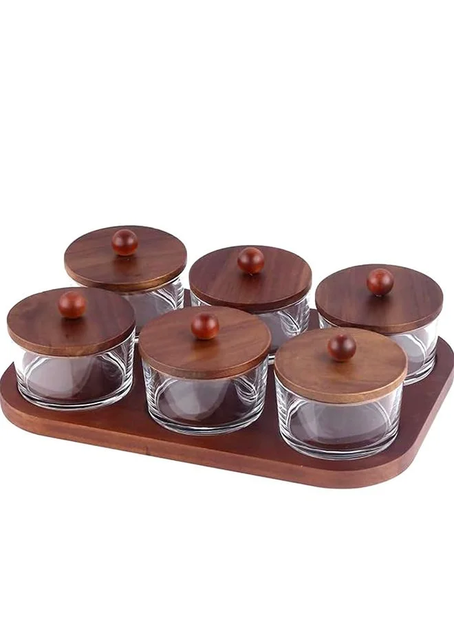 QUESERA Billa 6 pc condiment set with wooden tray and lid