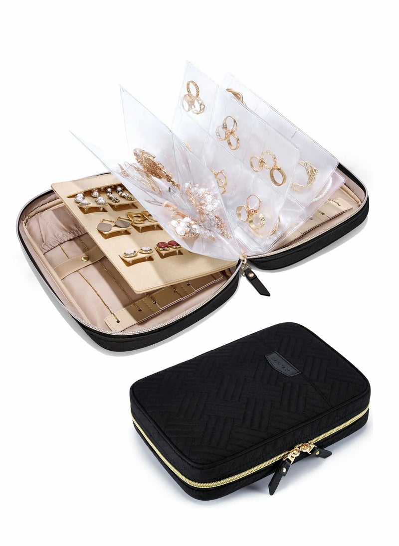 Y&D - Travel Jewelry Organizer Case Storage Bag Clear Booklet Zipper Pouch for Necklace, Earrings, Rings, Bracelet, Soft Black - Image 1